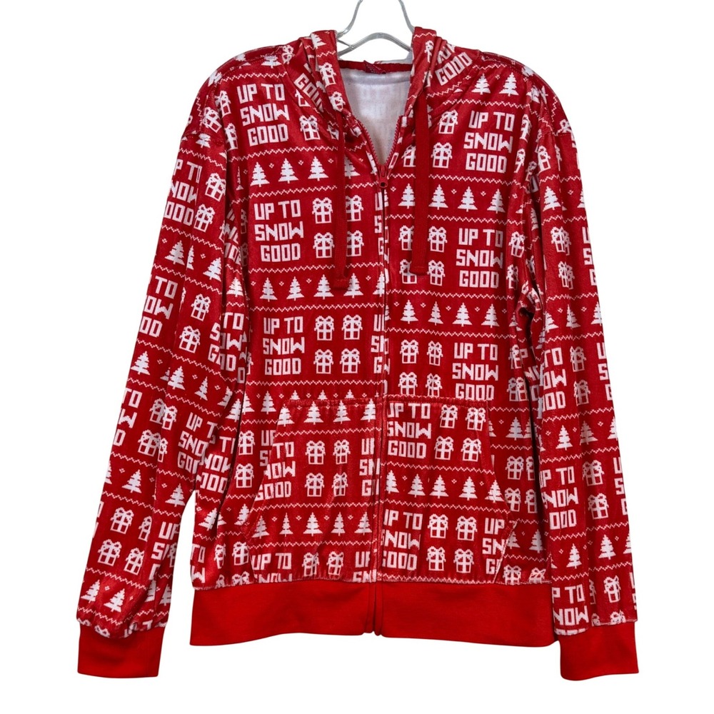 Dec 25th Up To Snow Good Red Christmas Fair Isle Zip Up Fleece Hoodie Large‎
